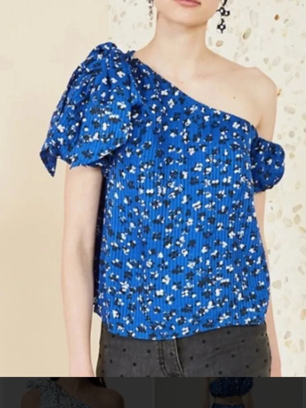 Ulla Johnson Bright Blue One-Shoulder Floral Puff-Sleeve Top